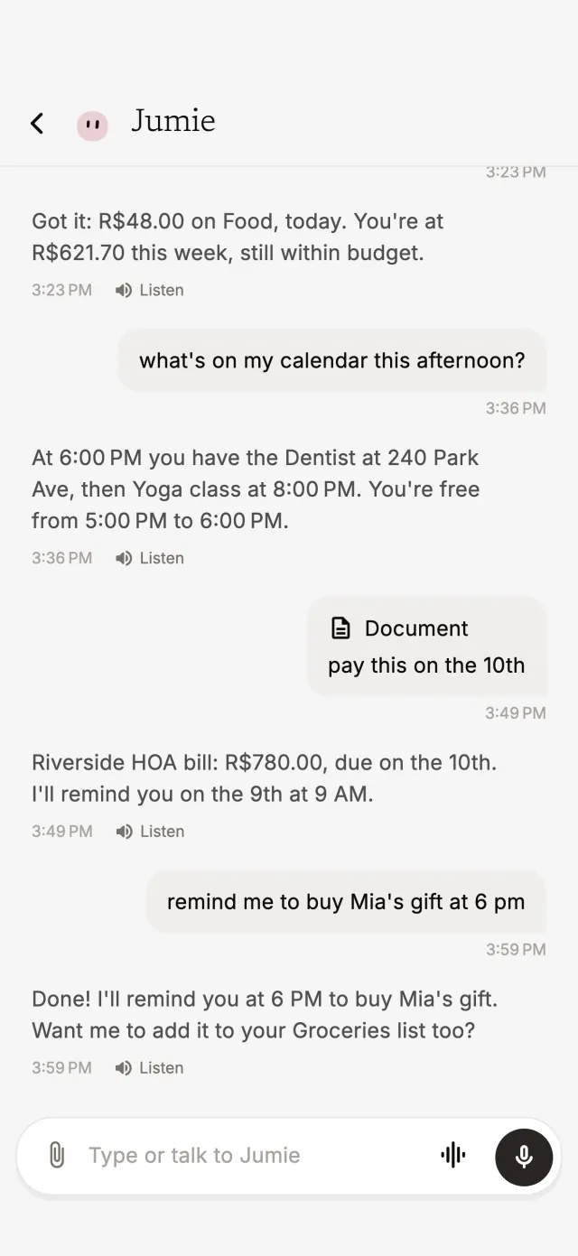A chat with Jumie about the calendar, a bill and a reminder