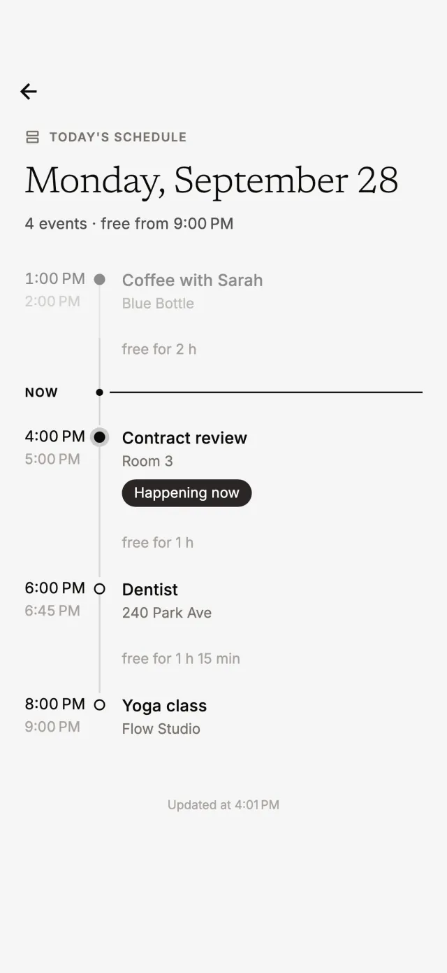 Today's calendar with the free time between meetings