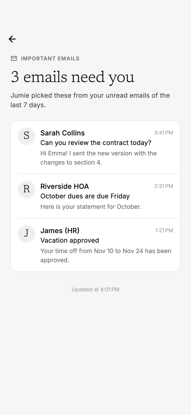 Three important emails picked out by Jumie