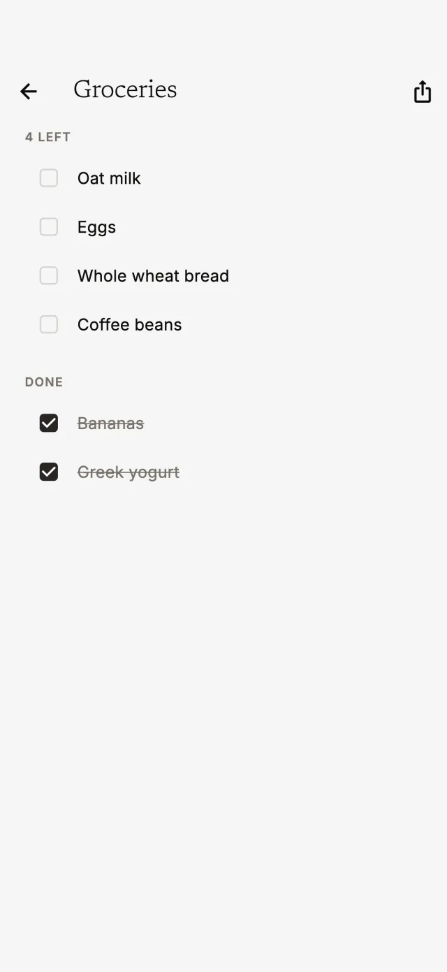 Grocery list with pending and completed items