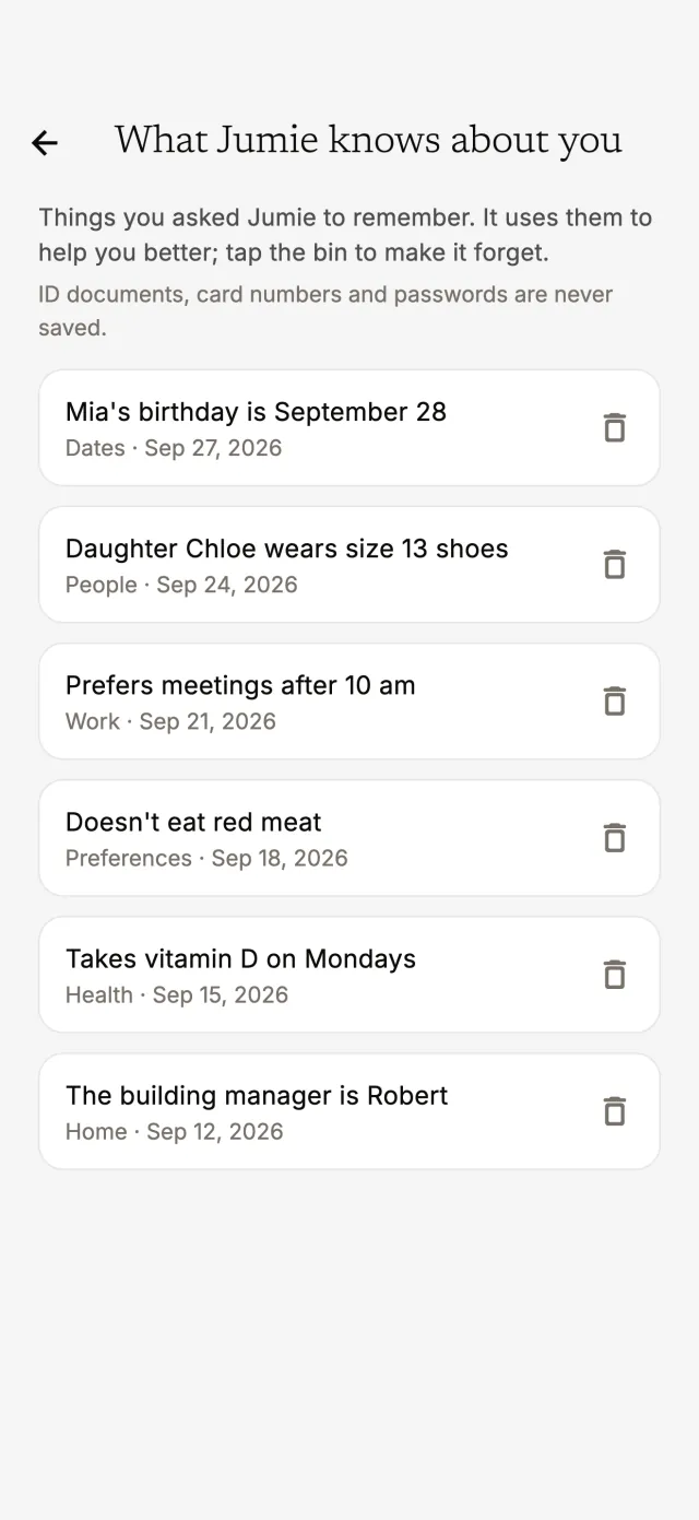 What Jumie knows about you: saved facts, each with a delete button
