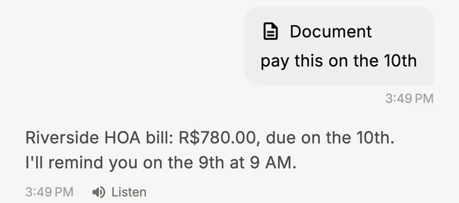 Chat: a photo of a bill with 'pay this on the 10th' and Jumie's reply with the amount, due date and reminder