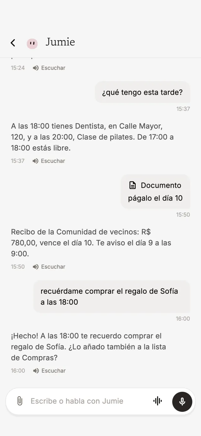 Conversación con Jumie sobre la agenda, un recibo y un recordatorio