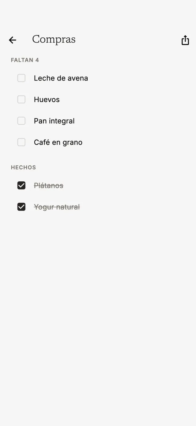 Lista de la compra con cosas pendientes y hechas