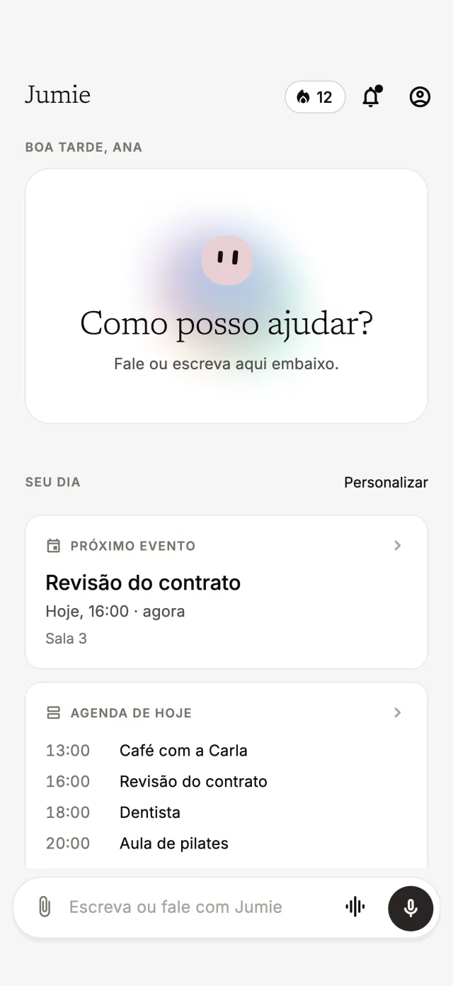 Tela inicial do Jumie: próximo evento, agenda de hoje e campo para escrever ou falar