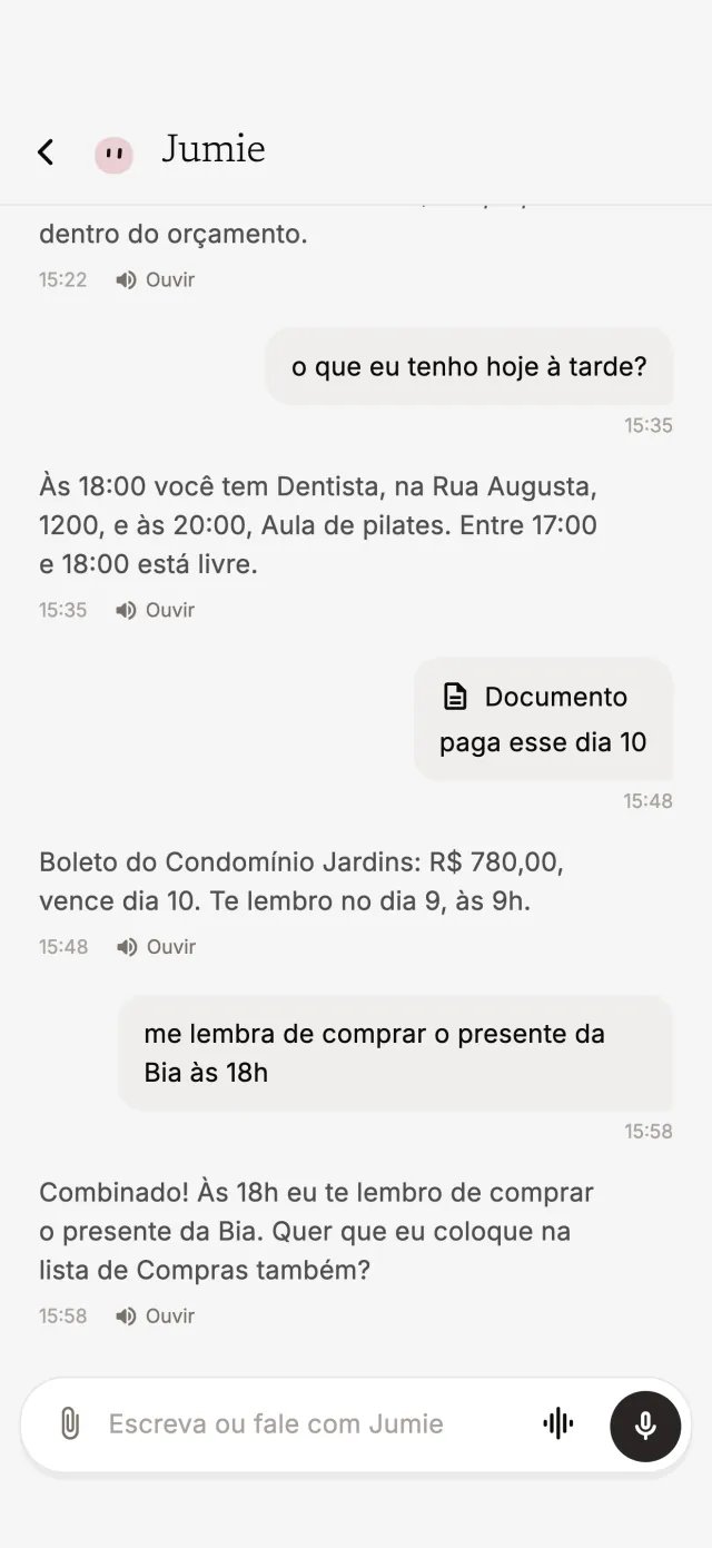 Conversa com o Jumie sobre agenda, um boleto e um lembrete