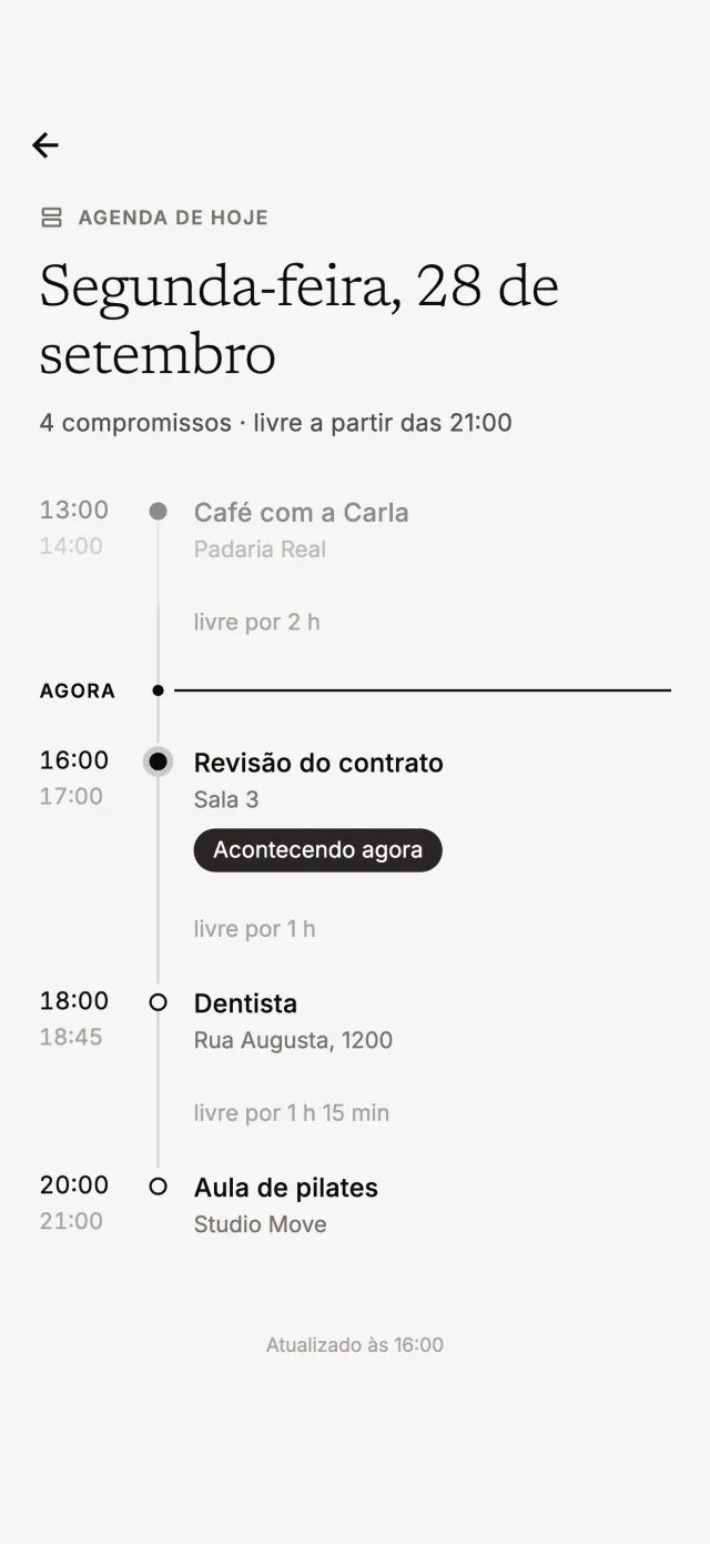 Agenda de hoje com os horários livres entre os compromissos
