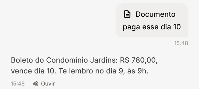 Conversa: foto de um boleto com o pedido 'paga esse dia 10' e a resposta do Jumie com valor, vencimento e lembrete